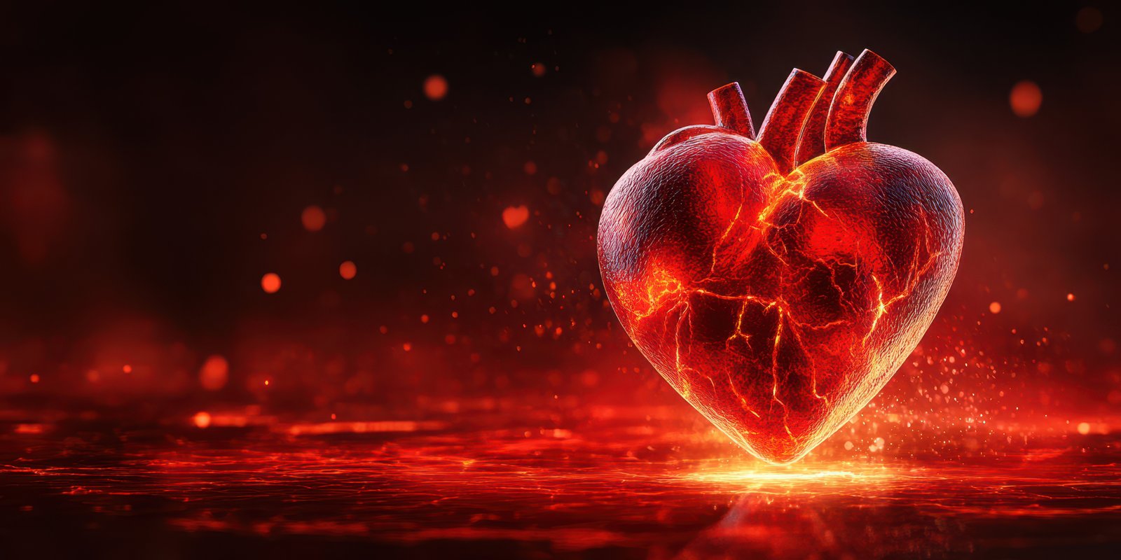 Luminous heart with cracks surrounded by fiery background symbolizes passion and emotion in a dramatic setting